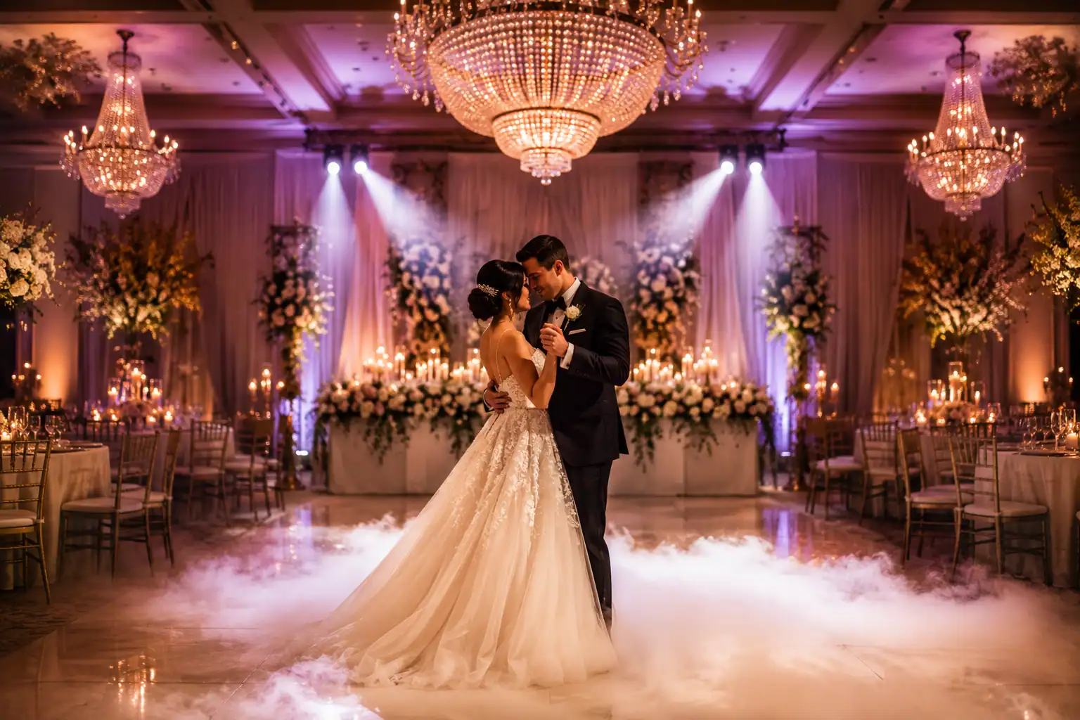 Orlando wedding ballroom with first-dance lighting, chandeliers, uplighting and low-lying fog by TYLERLIGHT