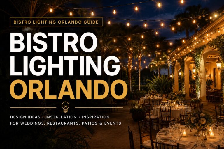 Bistro lighting in Orlando creating a warm outdoor wedding and event atmosphere with string lights.