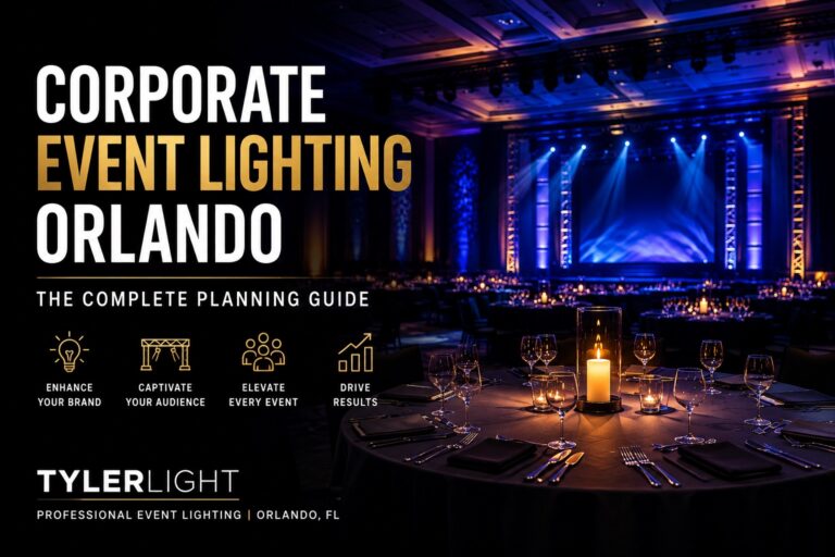 Corporate Event Lighting Orlando complete planning guide featuring a professionally illuminated ballroom and stage by TYLERLIGHT.