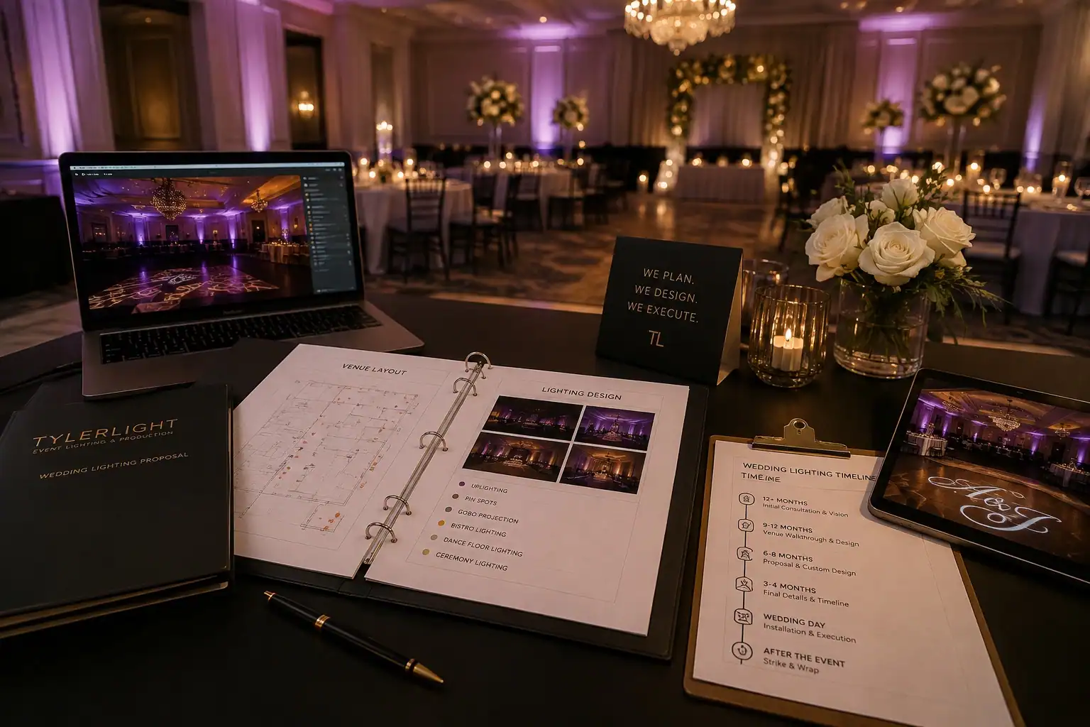 Wedding lighting planning timeline showing venue layouts, production schedule, lighting design documents, and ballroom preparation for an Orlando wedding