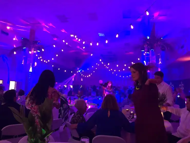 Palm tree truss towers supporting string lighting at a themed Orlando event