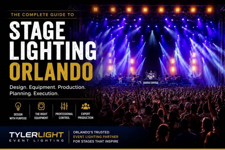 Stage lighting, LED uplighting, and GOBO projection for event atmosphere.