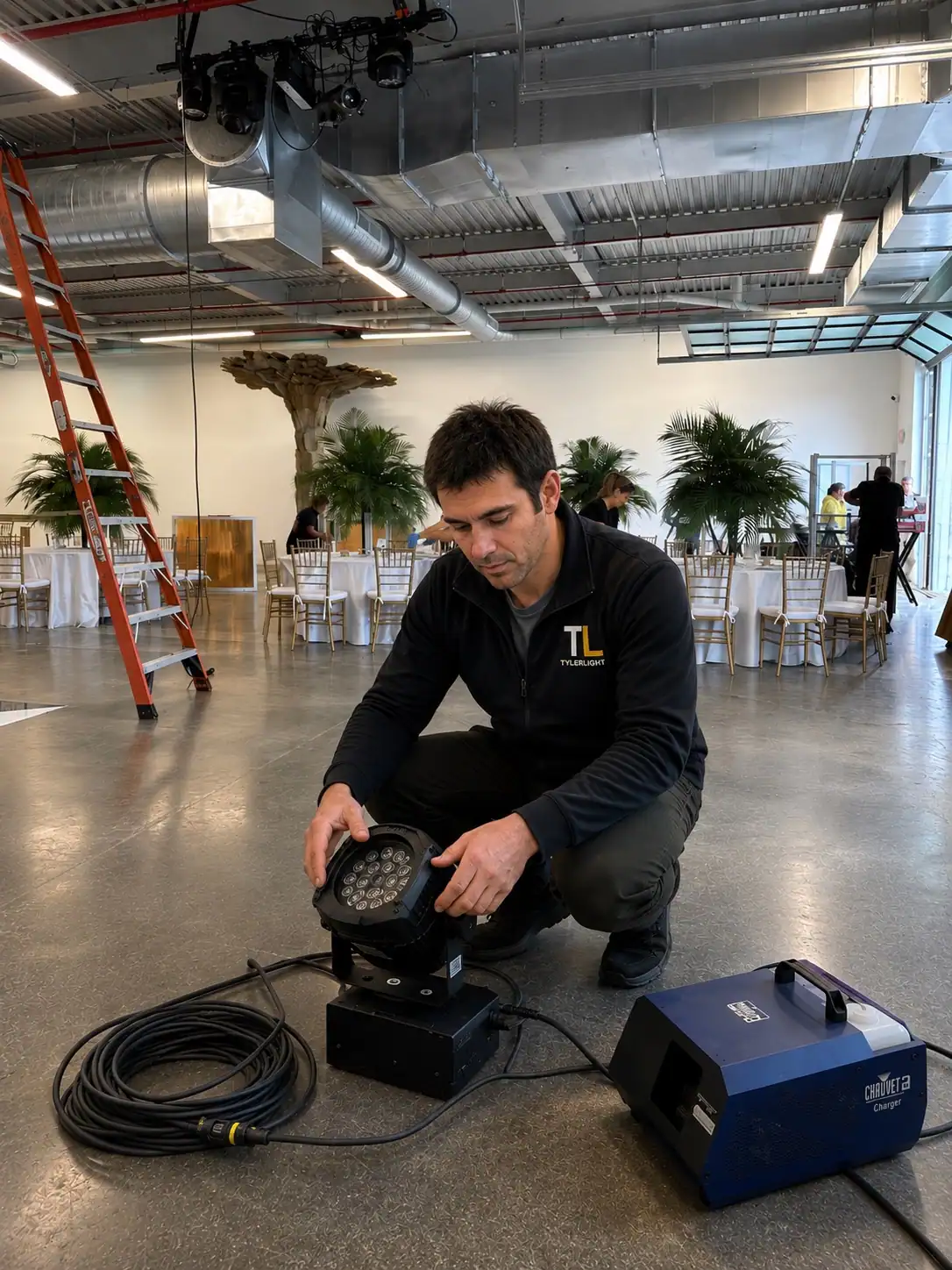 Tyler Light preparing professional event lighting equipment for an Orlando event