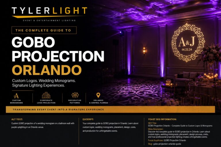 Custom GOBO projection in an Orlando ballroom featuring a personalized wedding monogram with professional event lighting.