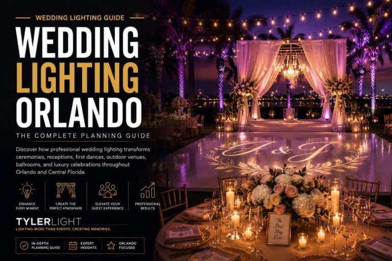 Luxury wedding lighting in Orlando featuring elegant string lights, ceremony lighting, reception uplighting, and custom event lighting by TYLERLIGHT.