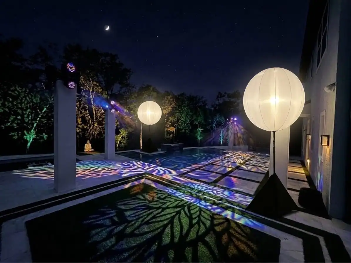 AI event lighting rendering with truss towers, textured lighting, and Airstar fixtures