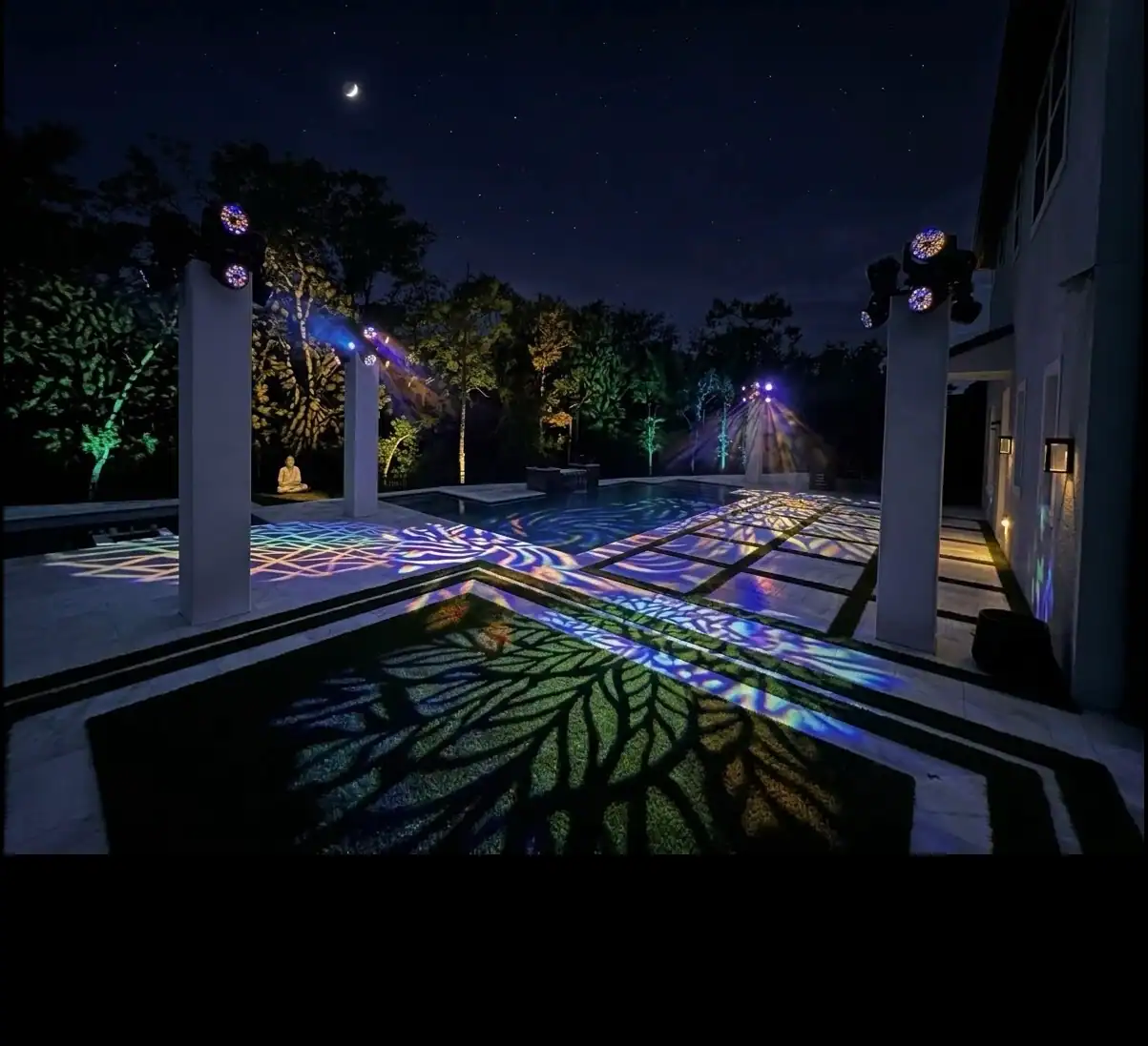 AI-assisted event lighting concept with white truss towers and textured pool deck lighting