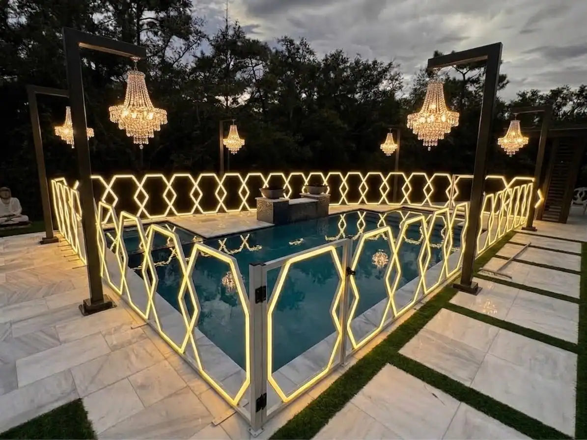 AI-assisted poolside lighting concept with chandeliers and illuminated railing for an Orlando event