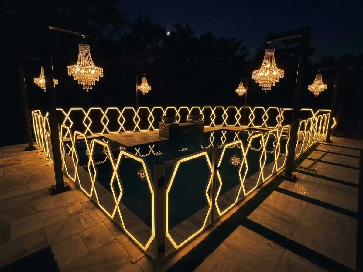 Nighttime AI event lighting concept with chandeliers and illuminated pool railing
