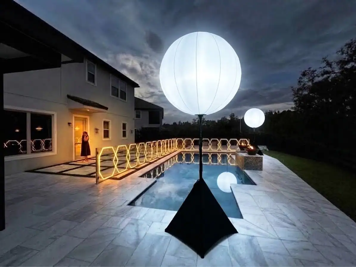 AI-assisted poolside event lighting concept featuring an illuminated Airstar fixture