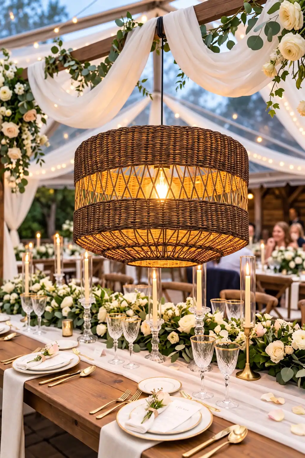 Northwestern rattan chandelier for floral, mid century, and shabby chic weddings
