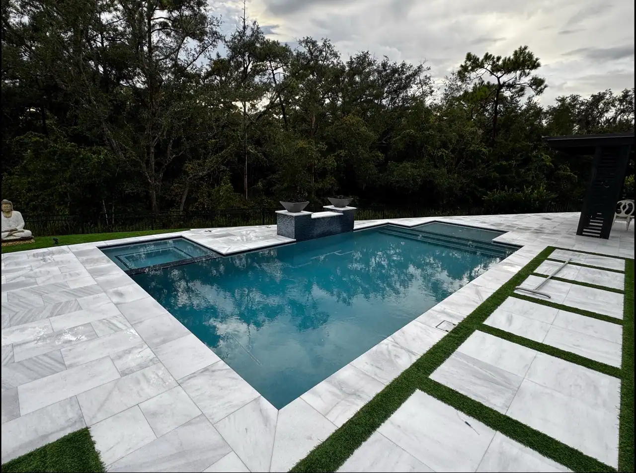 Original Orlando poolside event space before AI-assisted lighting design visualization