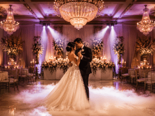 Bride and groom dancing beneath chandeliers and warm wedding lighting in an Orlando ballroom