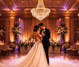 Luxury chandelier lighting in an Orlando wedding ballroom
