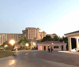 Outdoor venue prepared with professional event lighting for a corporate gathering in Orlando