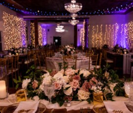 Luxury Orlando event lighting portfolio featuring elegant wedding reception lighting, purple uplighting, chandeliers, and custom event lighting design by TYLERLIGHT.