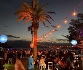 Warm string lighting suspended above an outdoor evening event with palm trees