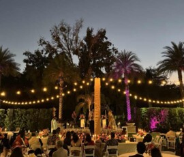 Bistro string lighting over outdoor wedding reception tables beneath palm trees