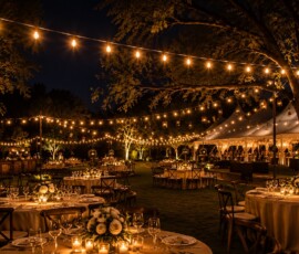Elegant outdoor bistro string lighting installed over a luxury event venue in Orlando by TYLERLIGHT.