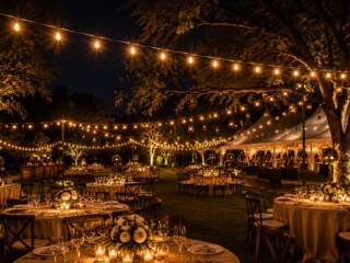 Elegant outdoor bistro string lighting installed over a luxury event venue in Orlando by TYLERLIGHT.
