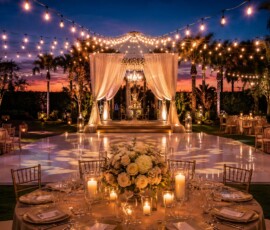 Luxury outdoor wedding reception in Orlando featuring elegant string lighting, illuminated ceremony pavilion, candlelit tables, and a white dance floor at dusk.